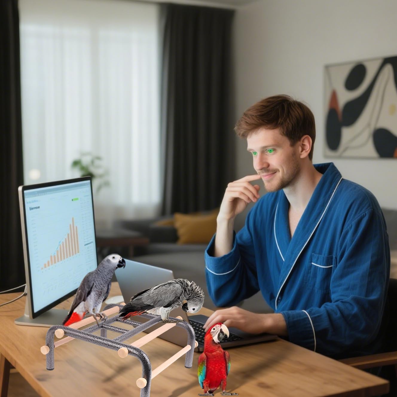 Metal Ladder Large Bird Training Perch for Fun and Exercising, No Tool Quick Install Heavy-Duty Rustproof Table Training Perch with Wooden Bars for African Grey Macaw Amazon Parrot