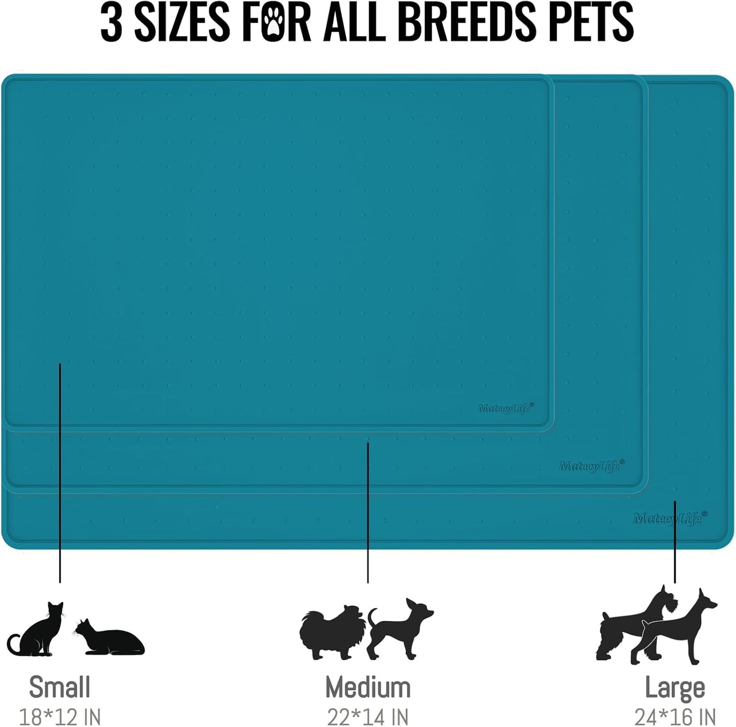 MateeyLife Dog & Cat Food Mat, Waterproof & Nonslip Silicone Feeding Mats for Dogs and Cats, Raised Edge Tray for Messy Drinkers, 24"x16", Teal