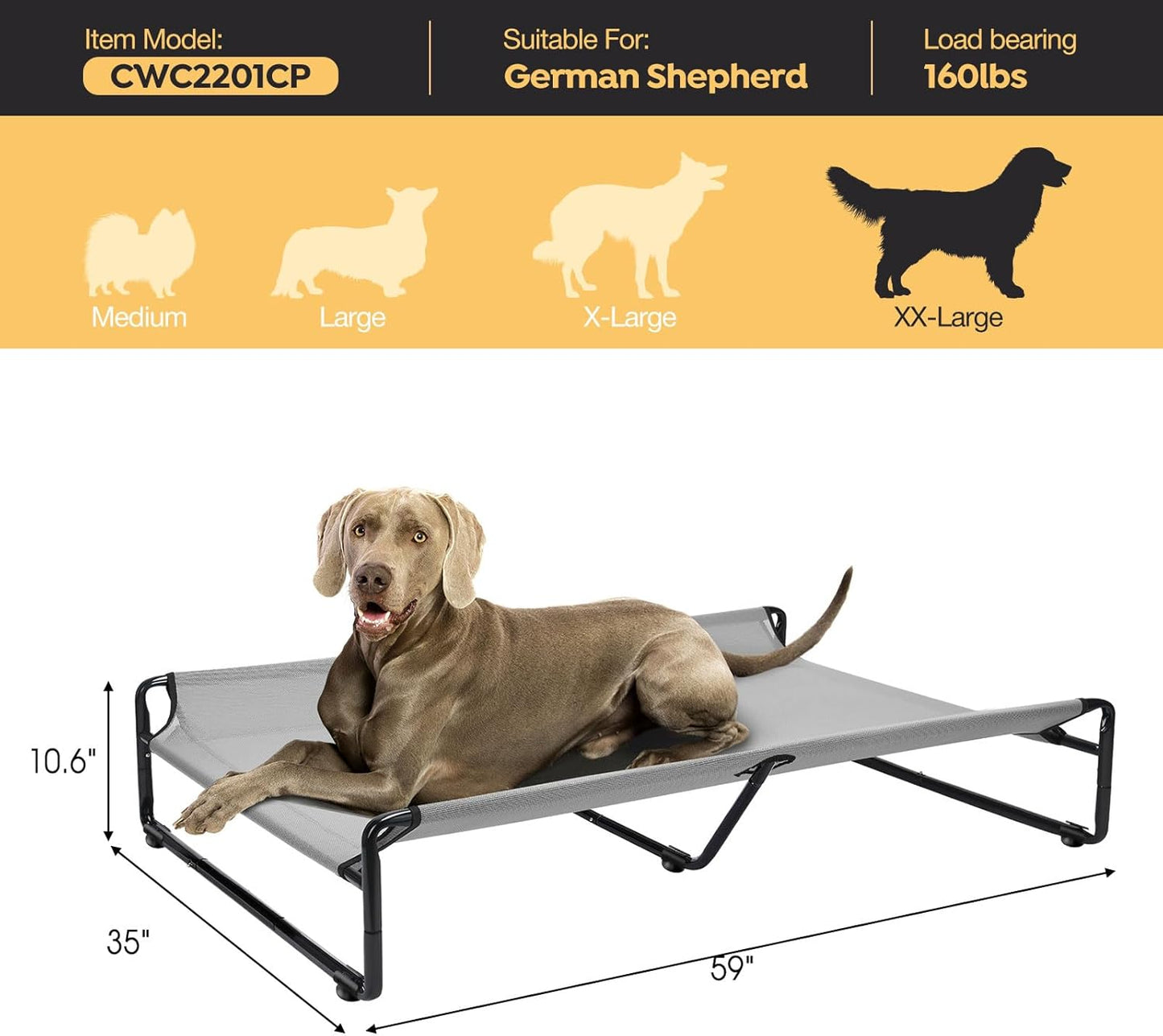Veehoo Original Outdoor Elevated Dog Bed, Cooling Raised Dog Cot for Large Dogs, Portable Standing Pet Hammock Platform with Washable Breathable Mesh, No-Slip Feet, XX-Large, Grey, CWC2201