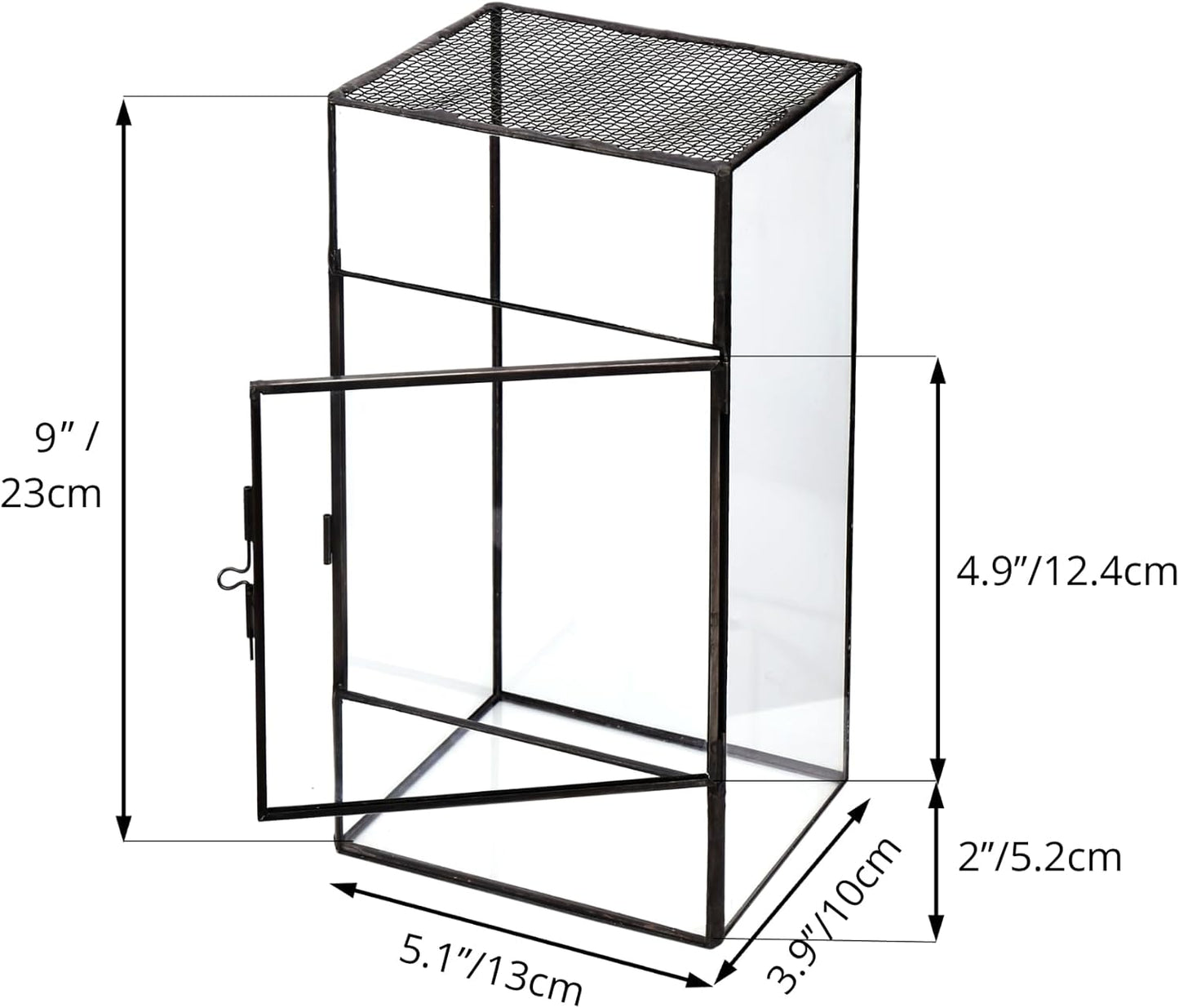 NCYP Glass Terrarium with Door and Mesh for Small Insects - 5.1 x 3.9 x 9 Inches Rectangle Reptile Habitat, Black - Modern Home Tabletop Decor (Terrarium Only)