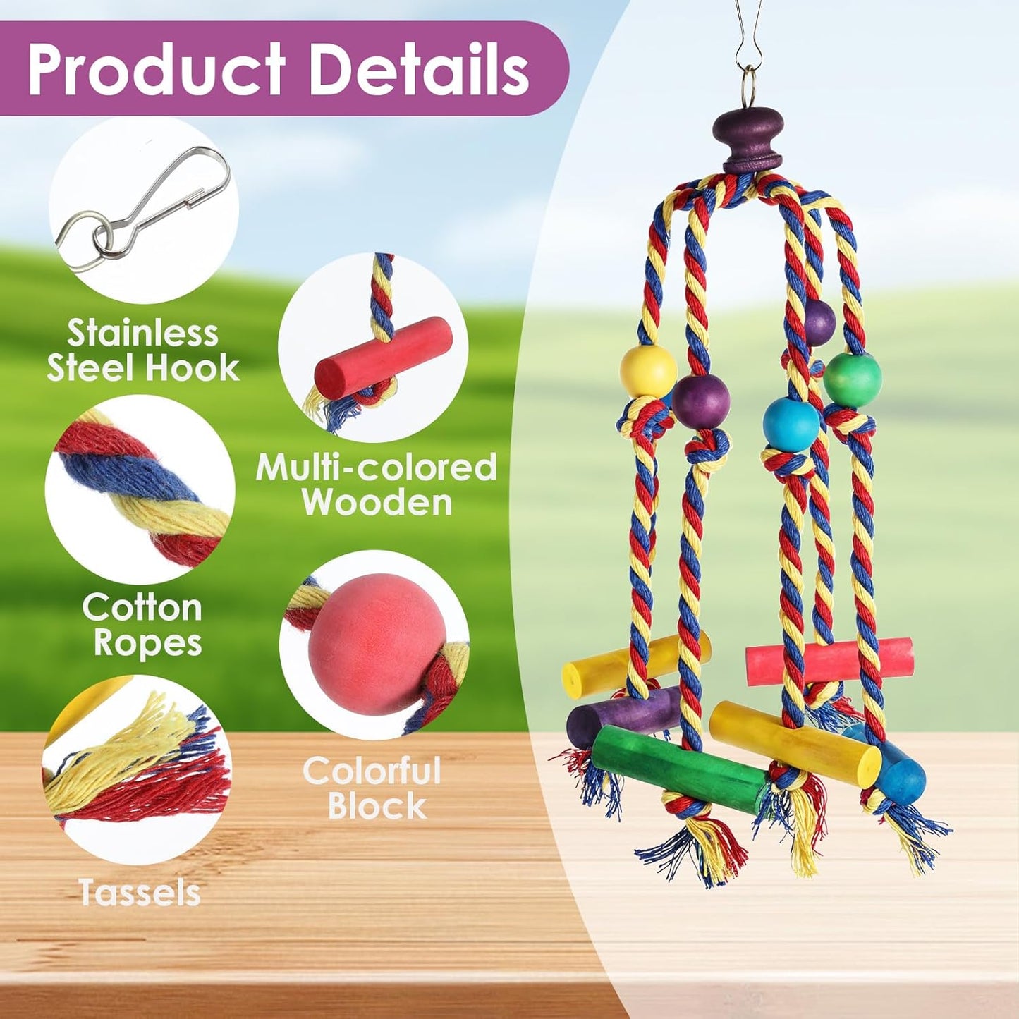 Bird Toys for Parrots Conures, Colorful Rope Bird Toys, Interactive Chewing Climbing Toy for Cockatiels, Small Birds Fun Hanging Design with Hook for Cages Relieves Boredom Encourages Behavior