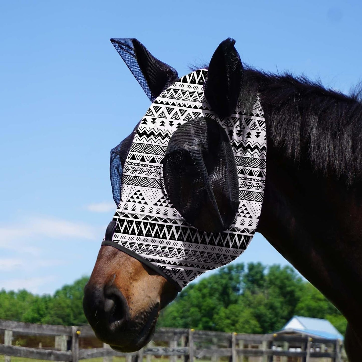 Harrison Howard Super Comfort Stretchy Fly Mask Large Eye Space with UV Protection Soft on Skin with Breathability Doodle Aztec M Cob