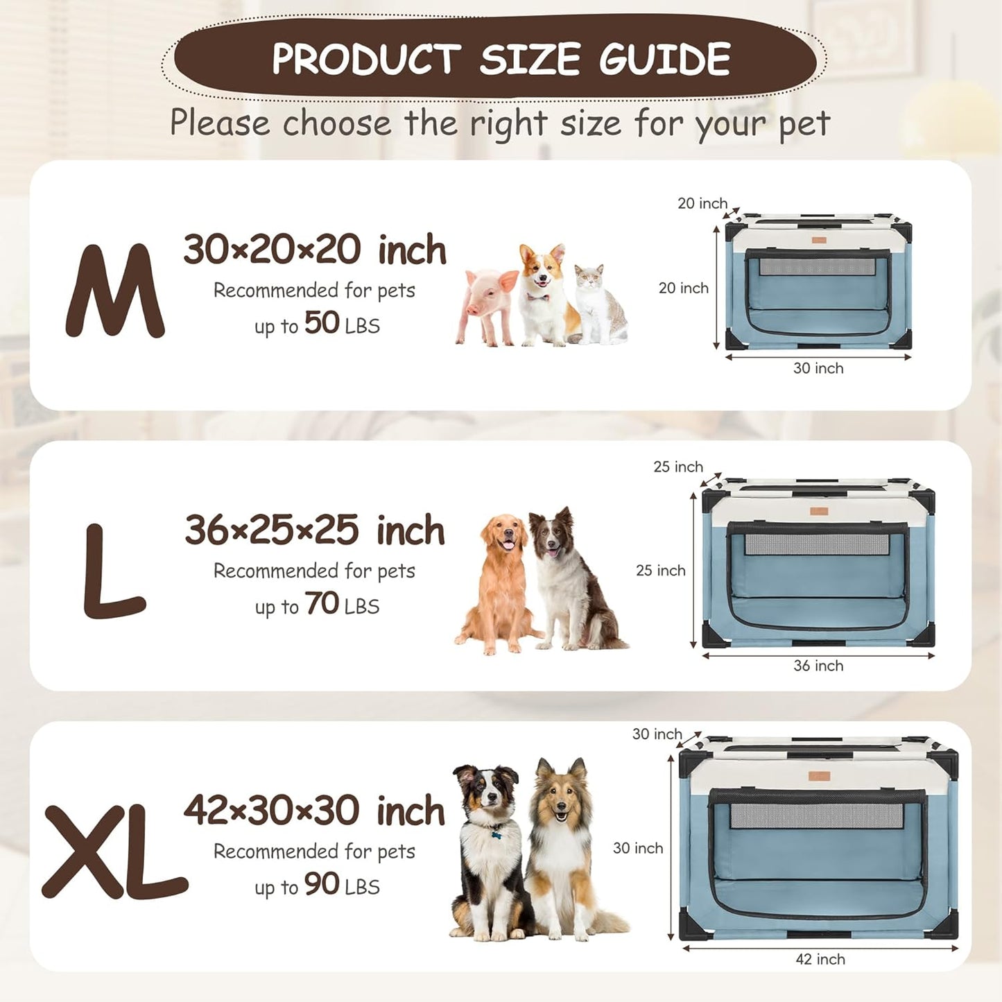 Dog Crate - Soft Pet Kennel for Dogs/Cats, 3-Door Breathable Travel Cage with Mesh Window, Portable Dog Kennel for Indoor & Outdoor,Blue-M