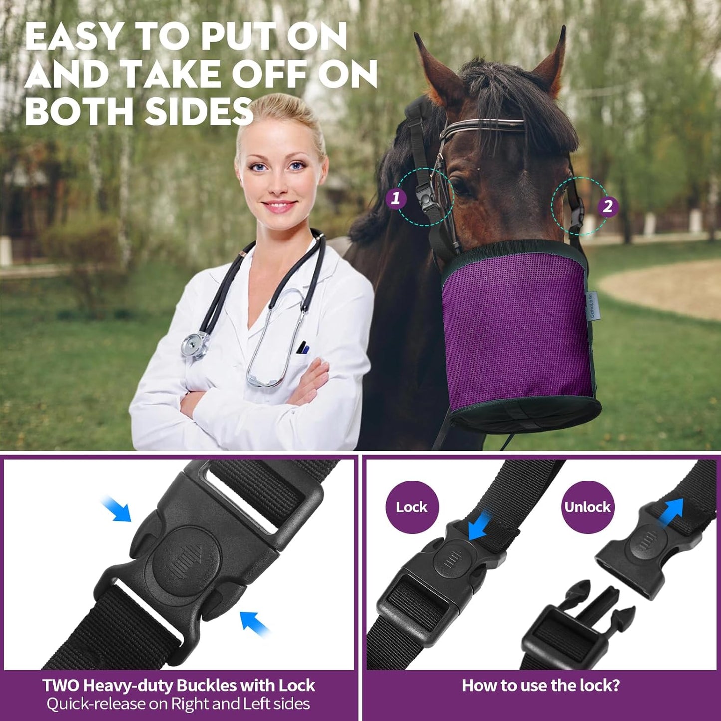 Horse Feed Bag 2 Pcs, Mesh Feed Bags for Horses, Muzzle Feedbag for Feeding Grain, Anti-Spill Design Feeder, Soft Neck Pad Nose Pad, Universal Fit (Purple, Pack of 2)