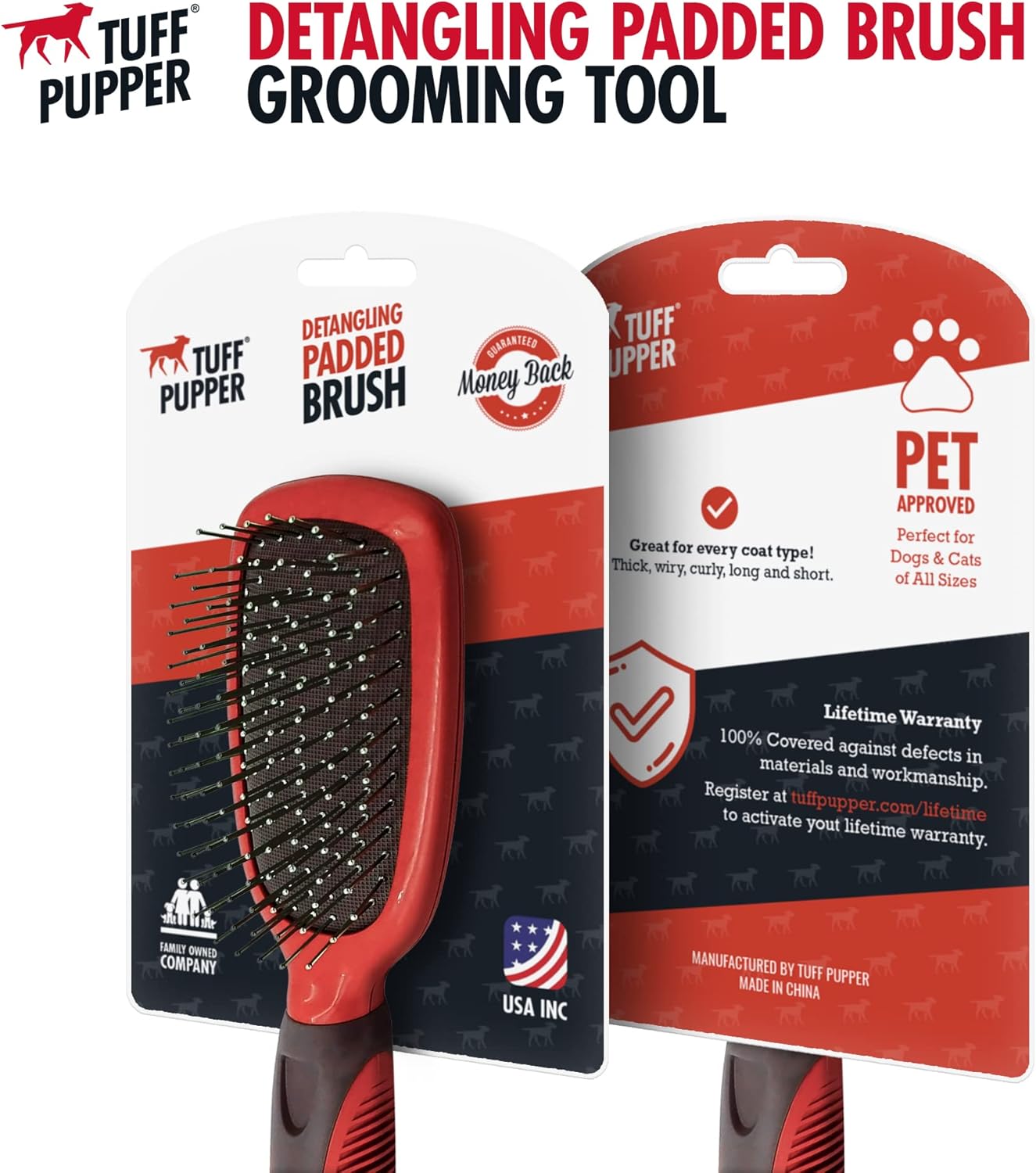 Tuff Pupper Stainless Steel Pin Brush for Long or Short Hair Pets - Detangling & Dematting Undercoat Brush for Dogs, Cats, and All Pets