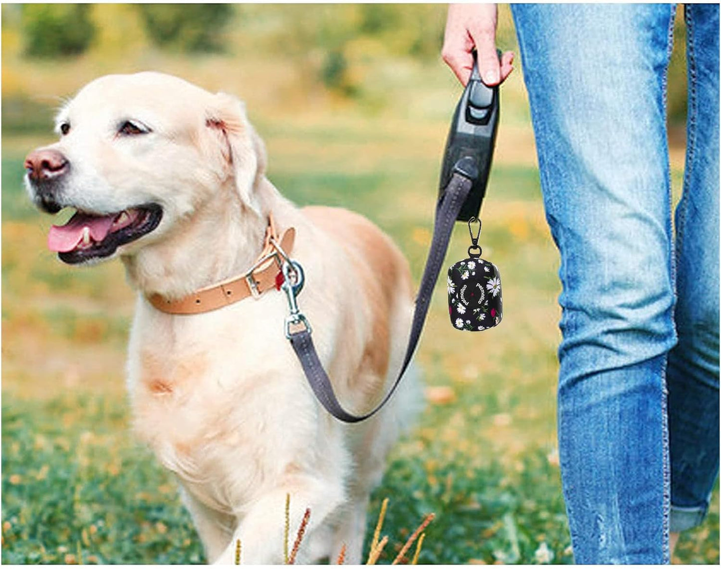 Petmolico Dog Poop Bag Holder Leash Attachment, Dog Waste Bag Dispenser Zippered Pouch, Fits Any Dog Leash, Includes Free Roll of Dog Bags, Poop Bag Dispenser - 2 Packs (White Daisy)