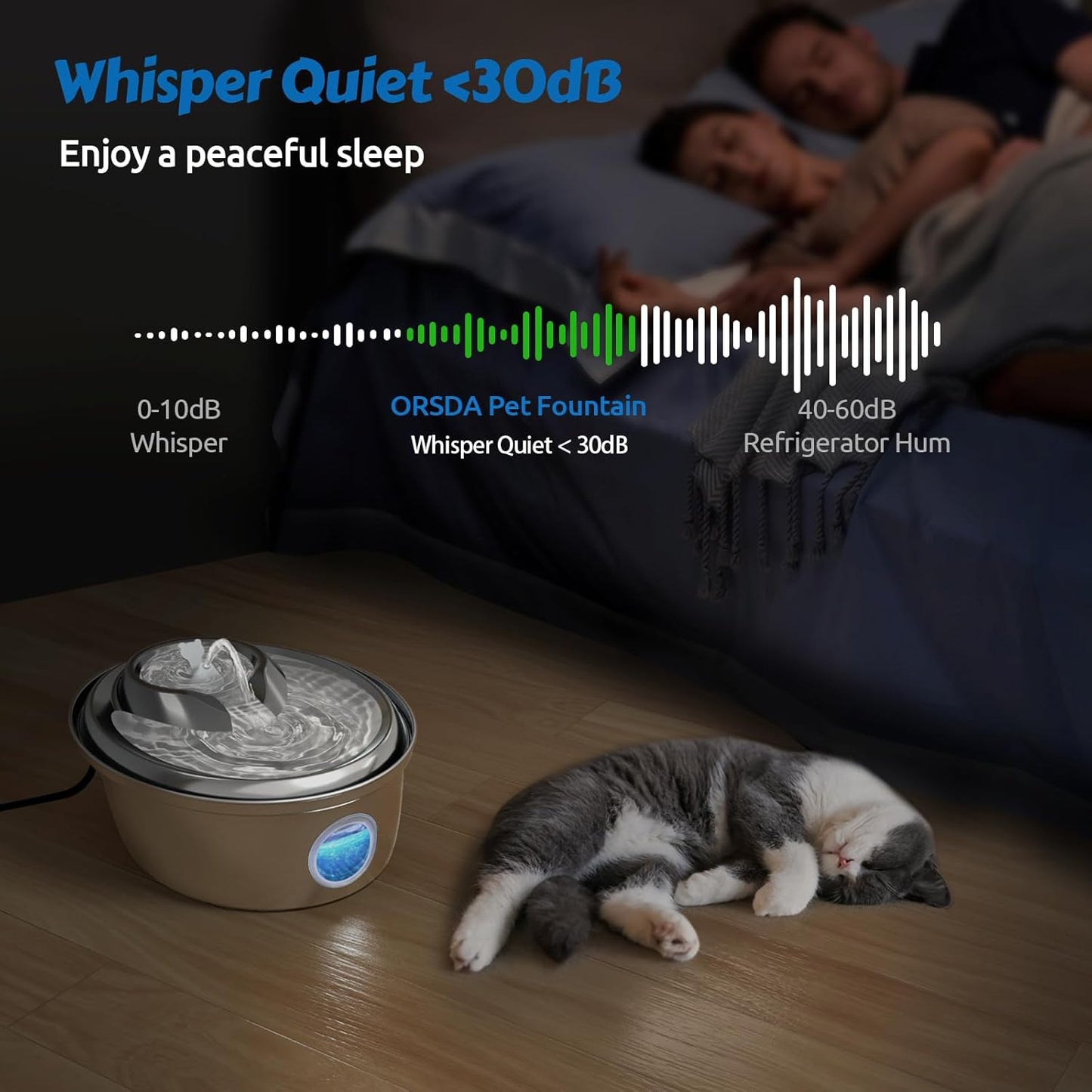 ORSDA Stainless Steel Cat Water Fountain, Automatic Pet Drinking Fountain, 100oz/3L Dog Water Dispenser with LED Water Level Window- 9Pcs Filters( D66