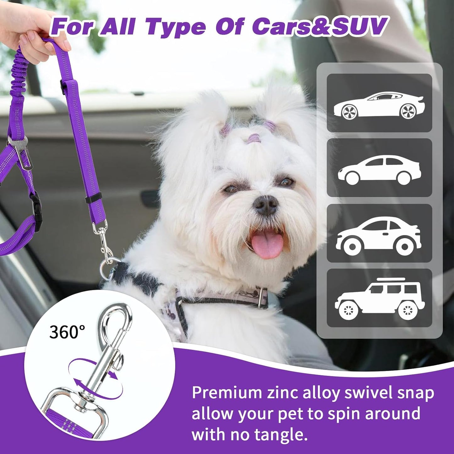 BWOGUE Pet Dog Cat Seat Belt Reflective Car Dog Headrest Restraint Leash Elastic Buffer Bungee Adjustable Tangle-Free Safety Leads Vehicle Seatbelt Harness for Small, Medium and Large Dogs (1 Pack)