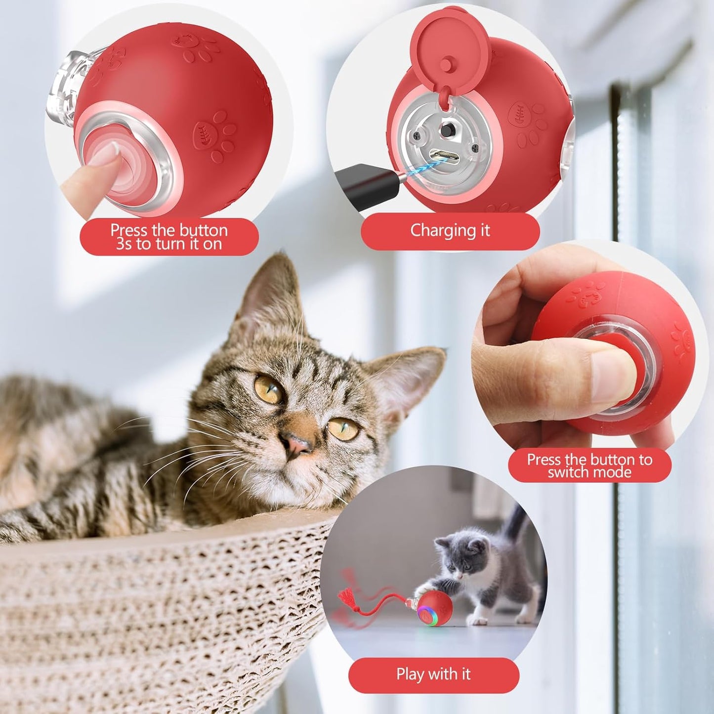 Interactive Cat Toys, Automatic Moving Cat Toys for Bored Indoor Adult Cats, Fast Rolling, Chirping & Motion-Activated Kitty Toys, Fun Gift for Cats with Speedy Tail 2.0, USB Rechargeable,Red
