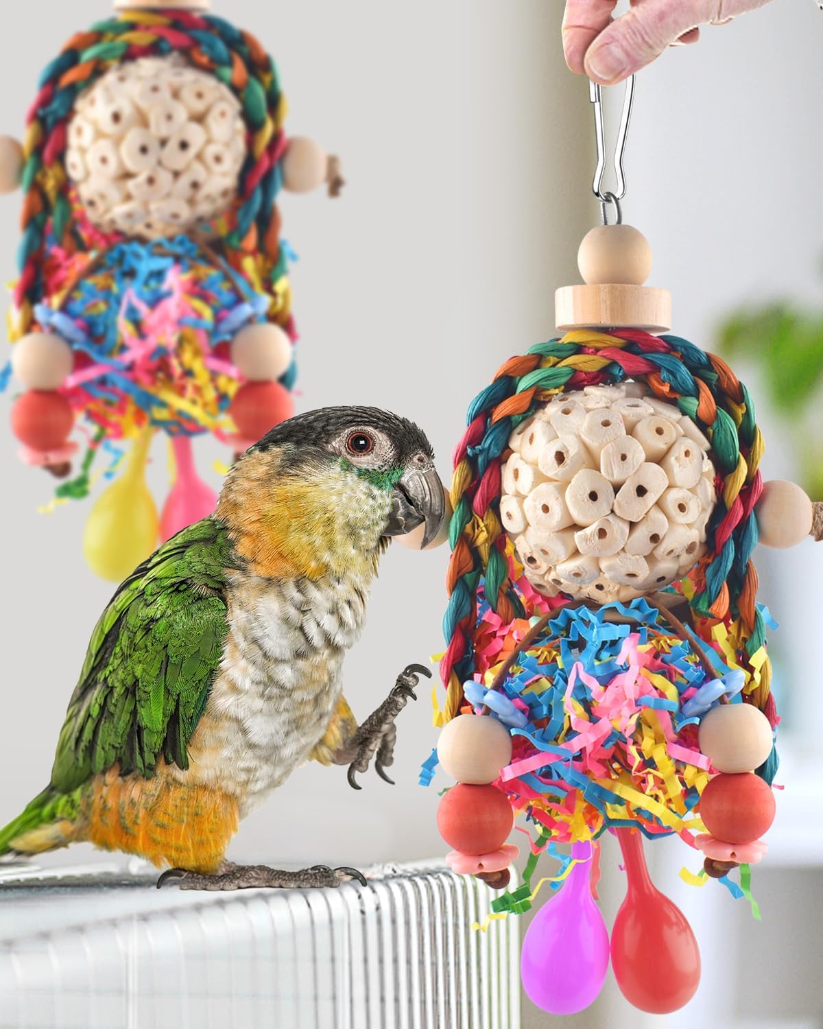 Bissap Conure Toys, 2PCS Bird Parrot Foraging Shredder Hanging Toys Sola Balls with Sand Hammer for Small Parrots Parakeets Conures Cockatiels Love Birds Cage Toy