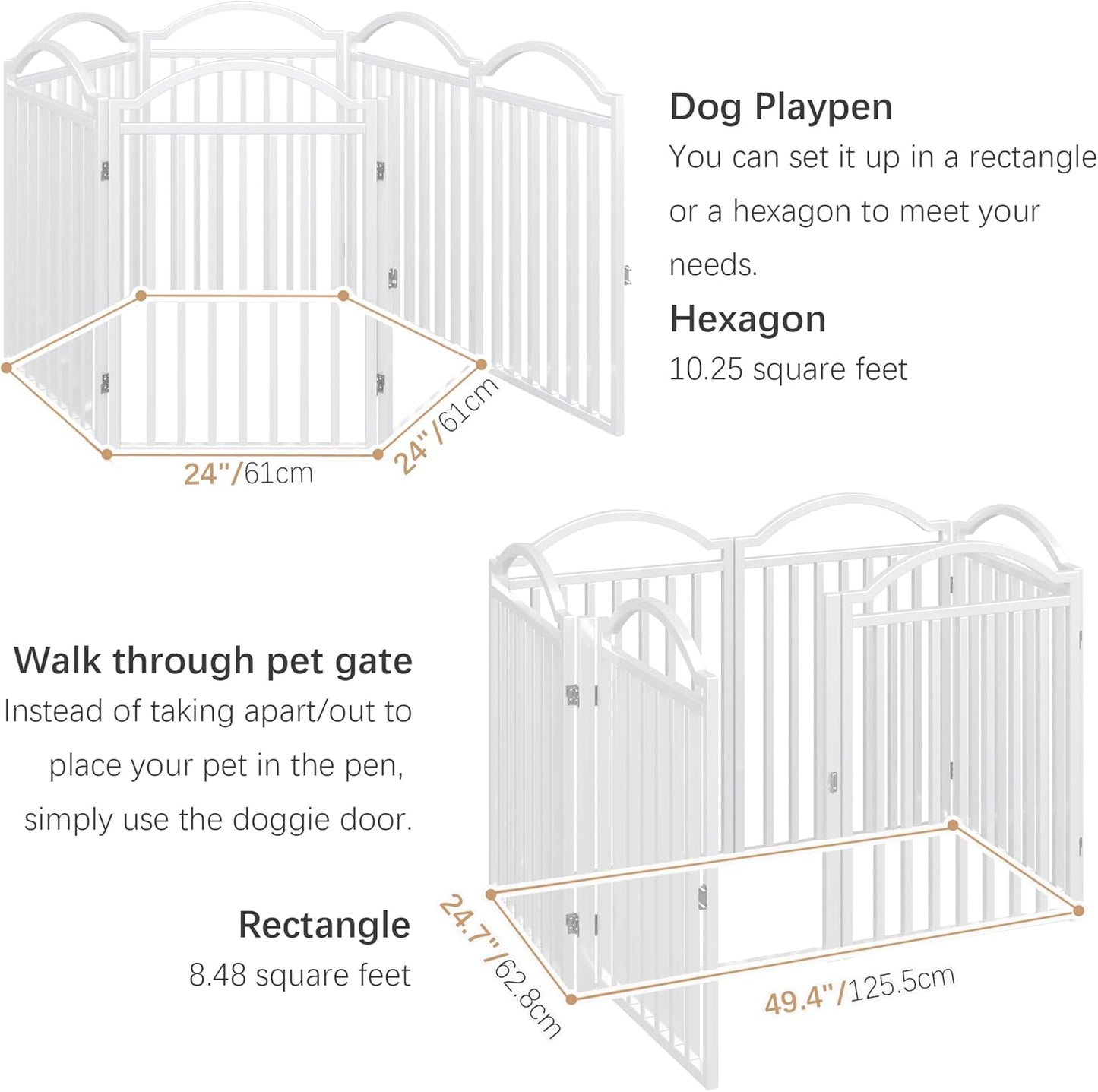 BHG Metal No-Assembly Freestanding Dog Gate with Door Walk Through, Extra Wide 144", Extra Tall 32" Pet Gate, Accordion Puppy Folding Playpen Dog Fence for Indoor & Outdoor, with 2PCS Support - White
