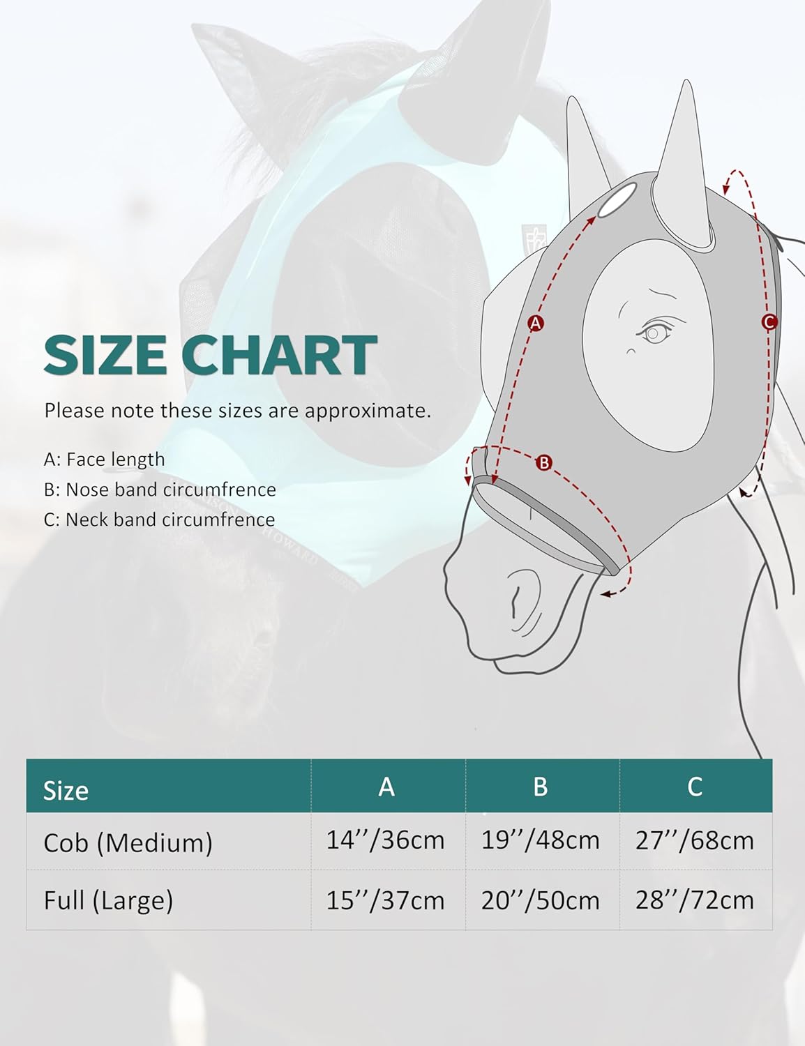 Harrison Howard Horse Fly Mask with Forelock Opening Stretch Breathable and Comfortable for Horses UV -Protection Turquoise Green M