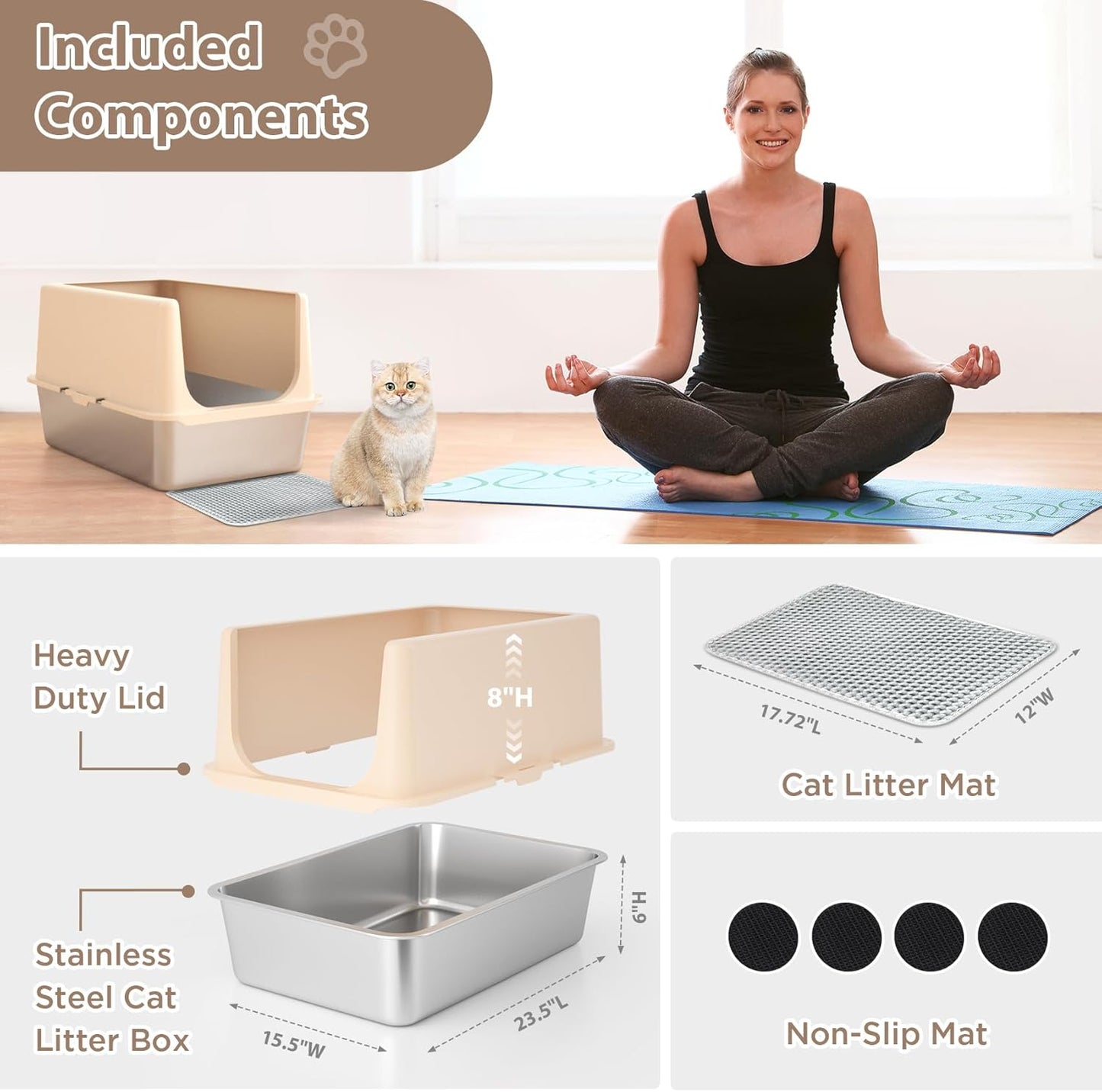 Stainless Steel Cat Litter Box, Metal Litter Box with Lid, 14" Extra Large Litter Boxes for Big Cats, High Sided Beige Cat Box Enclosure Blends with Home Decor, Non-Sticky, Anti-Leakage, Easy Clean