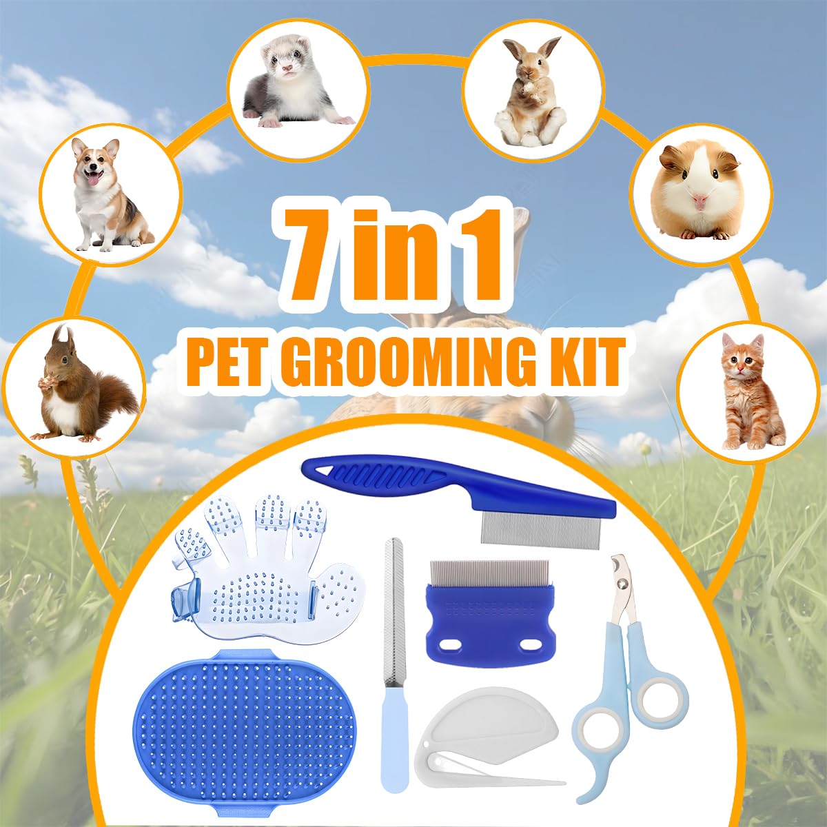 Rabbit Grooming Kit โ Bunny Grooming Kit with Shedding Brush, Nail Clippers & Comb โ Small Animal Grooming Supplies for Rabbits, Guinea Pigs, Hamsters, Ferrets - Small Pet Shedding & Care (Blue)