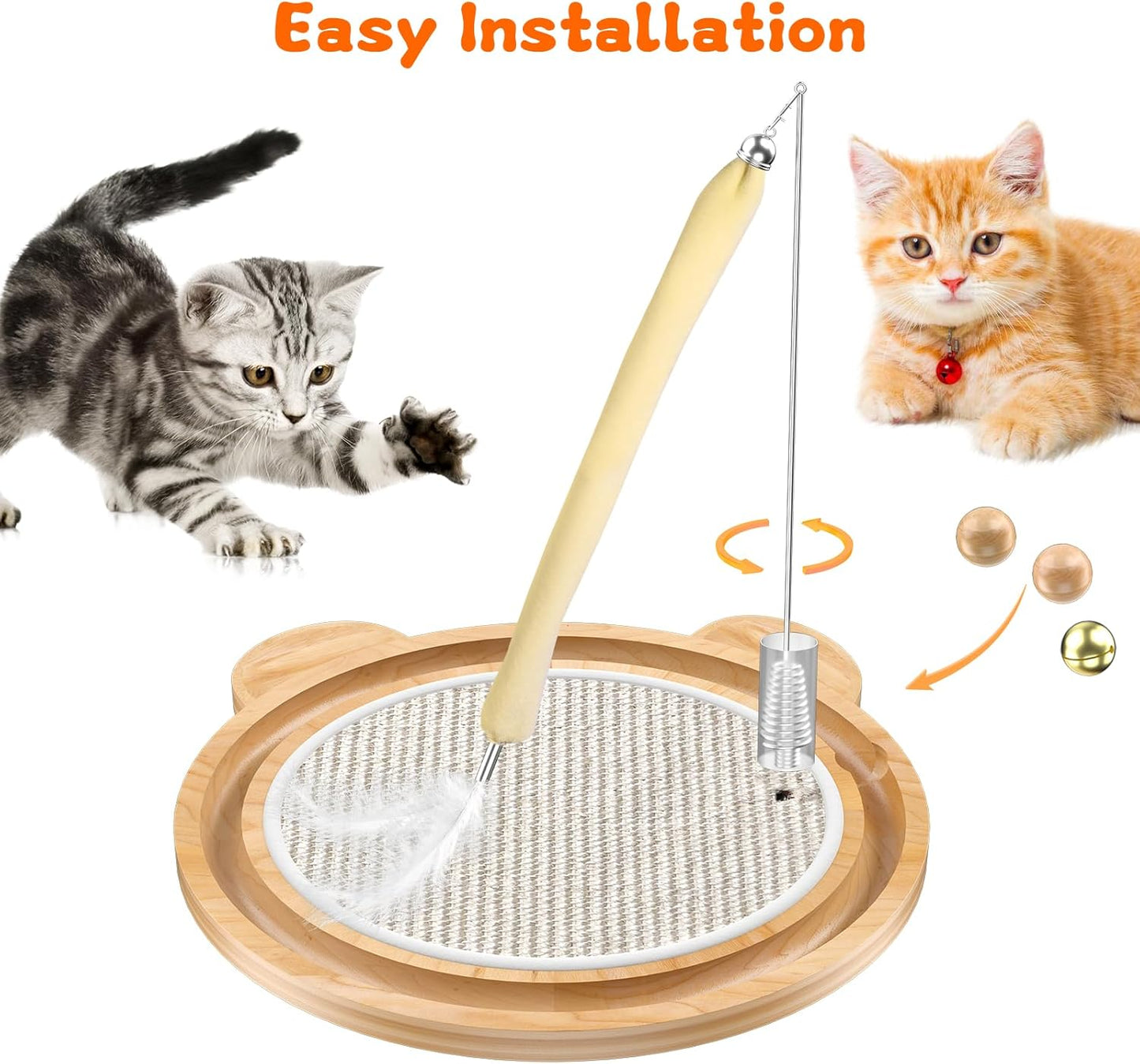 3-in-1 Cat Toys, Scratcher, Toys for Indoor Cats, Natural Sisal Scratching Board, Kitten Interactive with Ball Track & Retractable Wand Toy & Feather