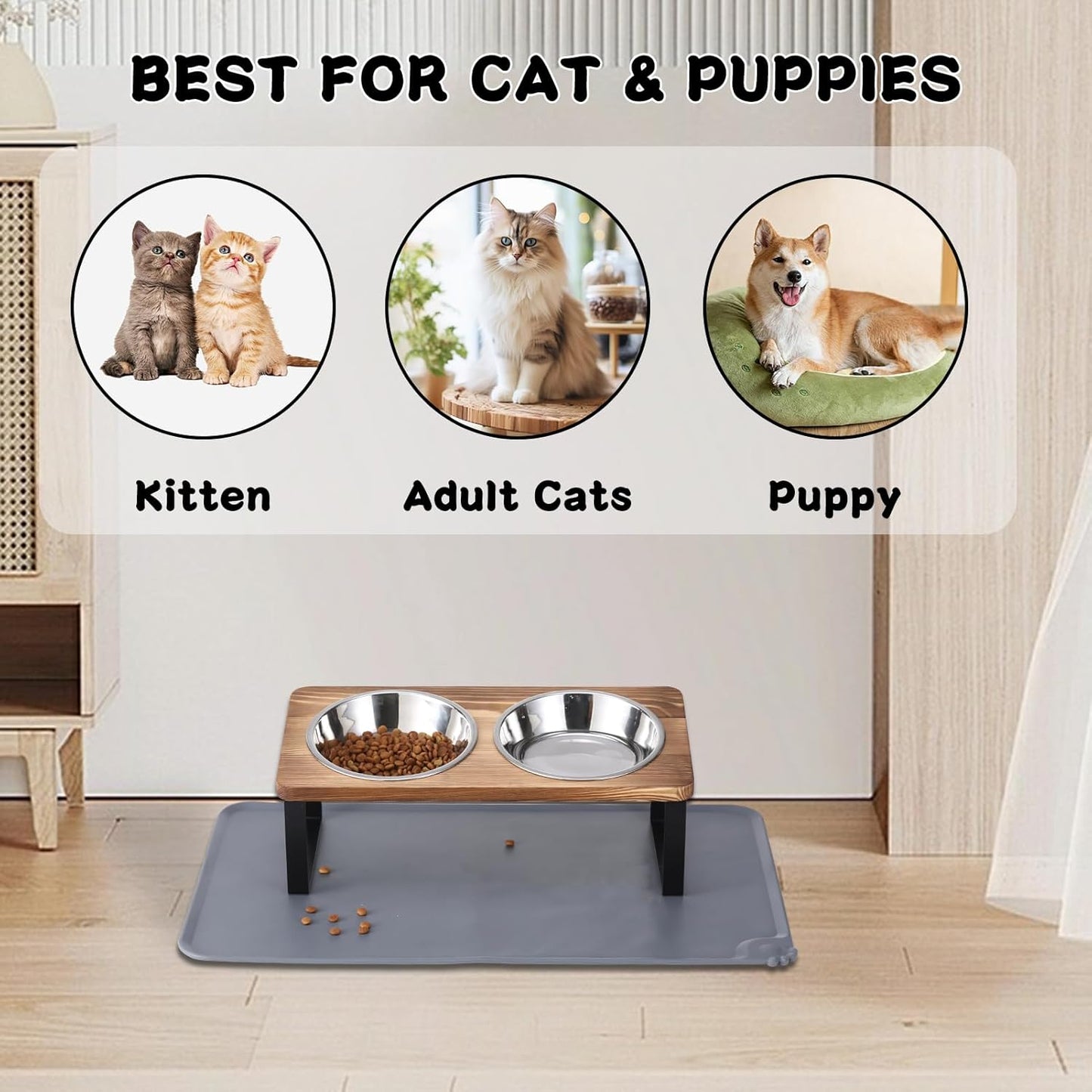 Upgraded Elevated Cat Bowls with Food Mat,15°Tilted Stand Anti Vomiting Raised Cat Dishes for Food and Water,2 Stainless Steel Bowls for Cats and Puppy(Rustic Brown)