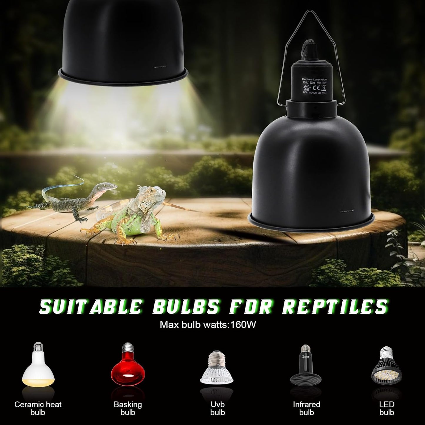 Reptile Light Fixture with Dimming Switch and Timer, 5.5 Inch Deep Dome Reptile Heat Lamp Fixture, Reptile Lamp Fixture Cap for UVB Bulb Basking Heat Bulb for Reptile Glass Terrariums, 2PCS