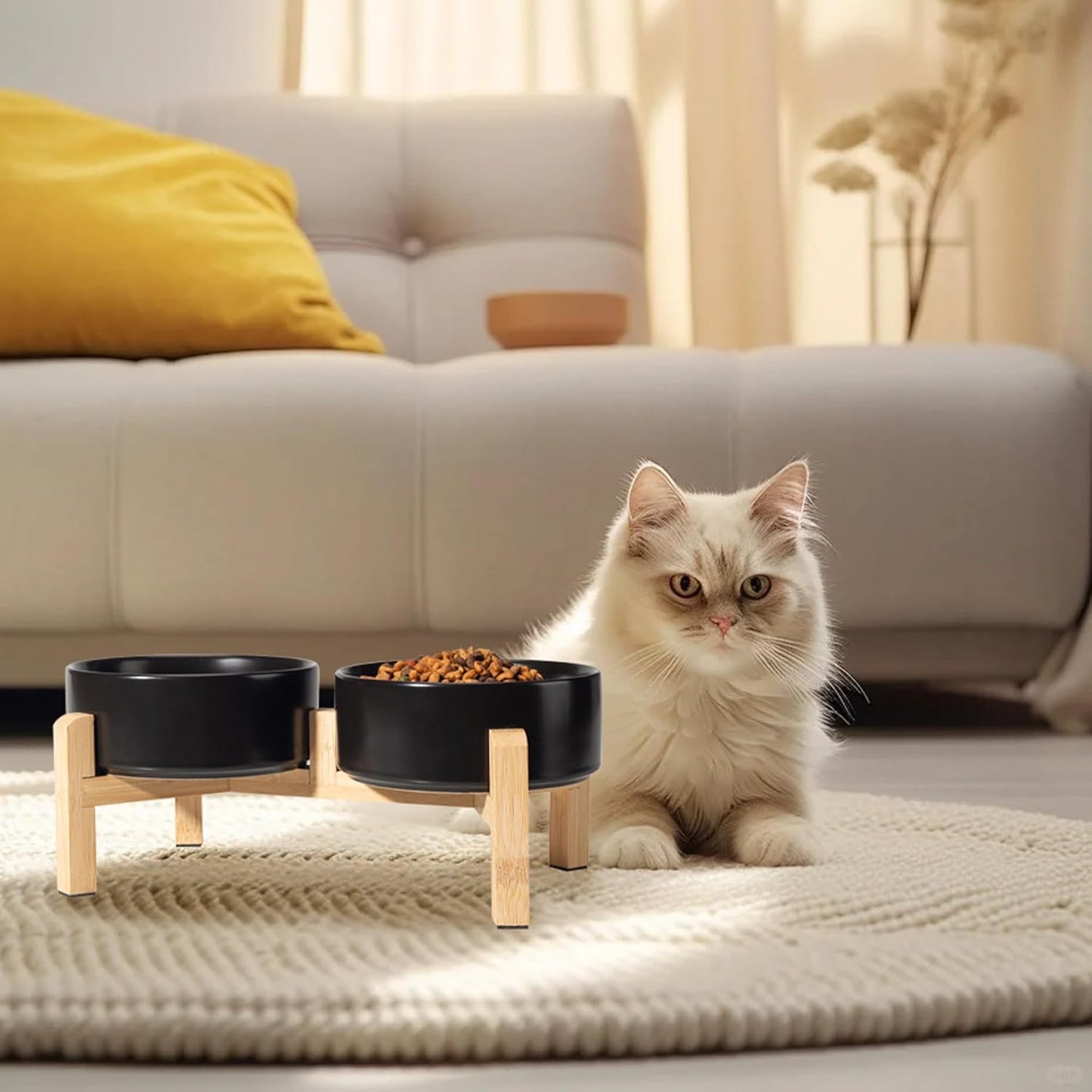 Elevated Ceramic Dog Bowl Set - Raised Feeding Bowls with Non-Slip Bamboo Stand - Small Pet Dishes for Food and Water - Ideal for Cats and Puppies - 16.23 OZ - 2 Cups - 480 ML