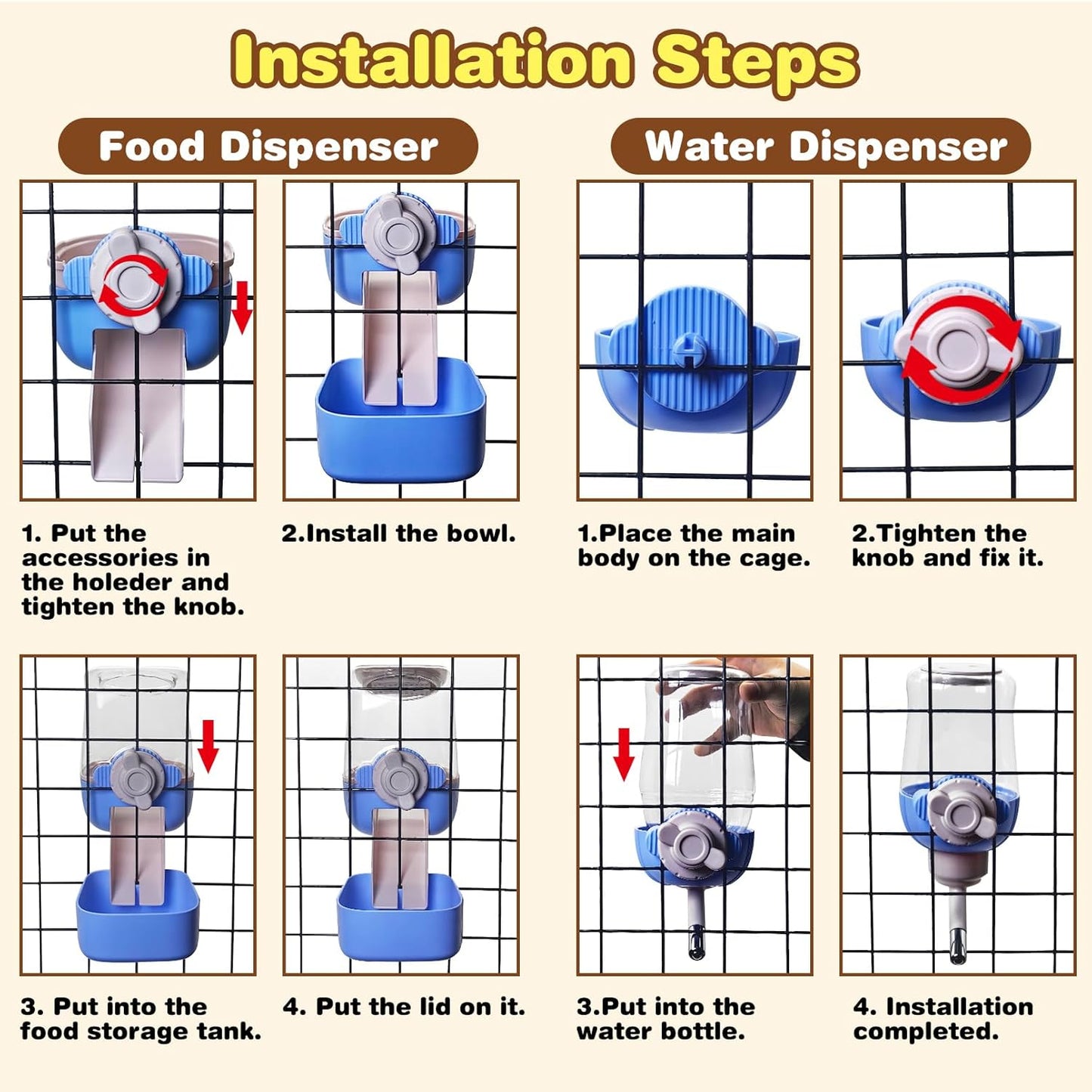 kathson Automatic Rabbit Feeder and Waterer Set, Gravity Pet Food Water Dispenser Bunny Pellet Feeder Small Animal Feeding & Watering Supplies for Guinea Pig Ferret Crate Accessories (Blue)