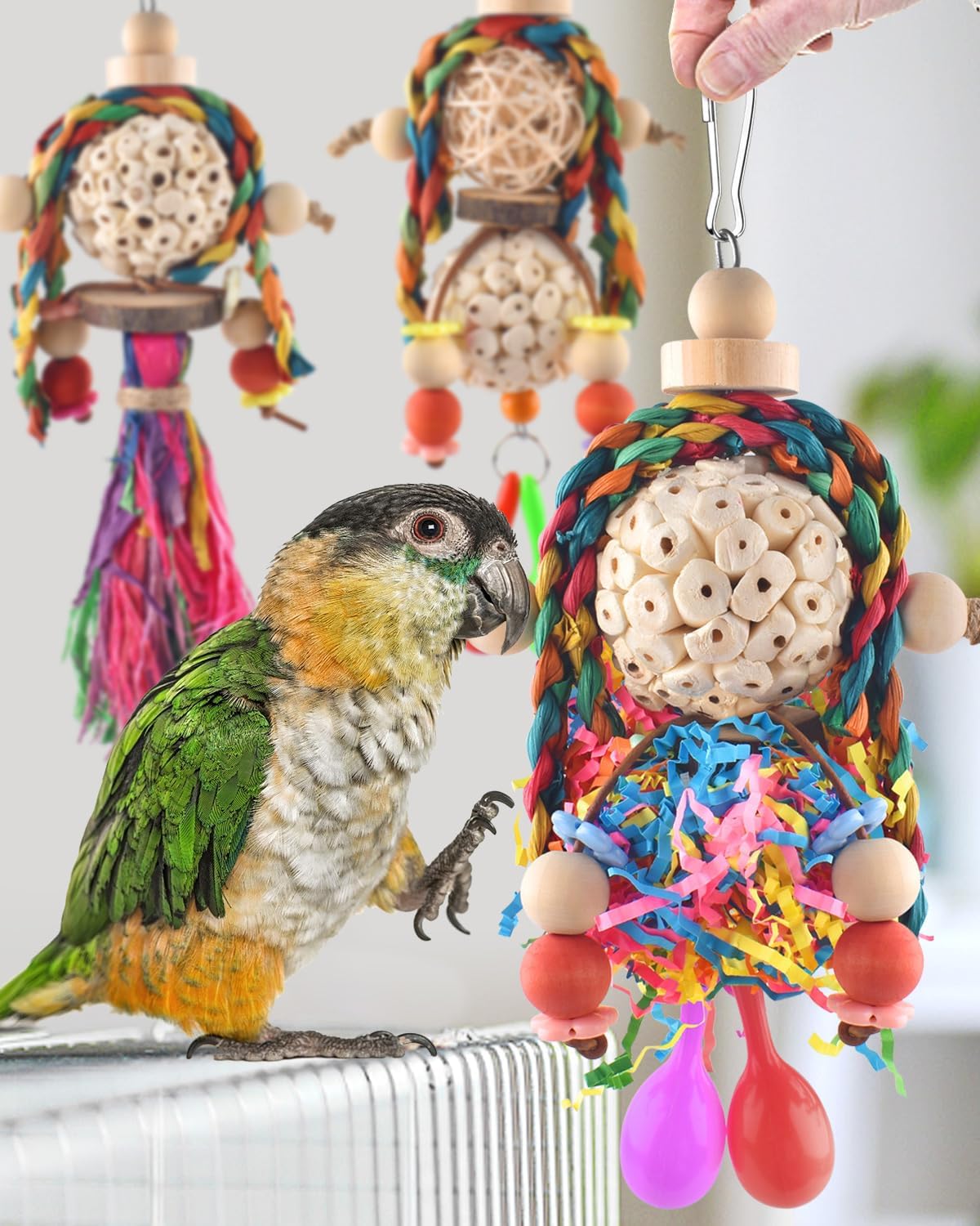 Bissap 3PCS Bird Parrot Foraging Shredder Hanging Toys Sola Balls with Sand Hammer for Small Parrots Parakeets Conures Cockatiels Love Birds Cage Toy