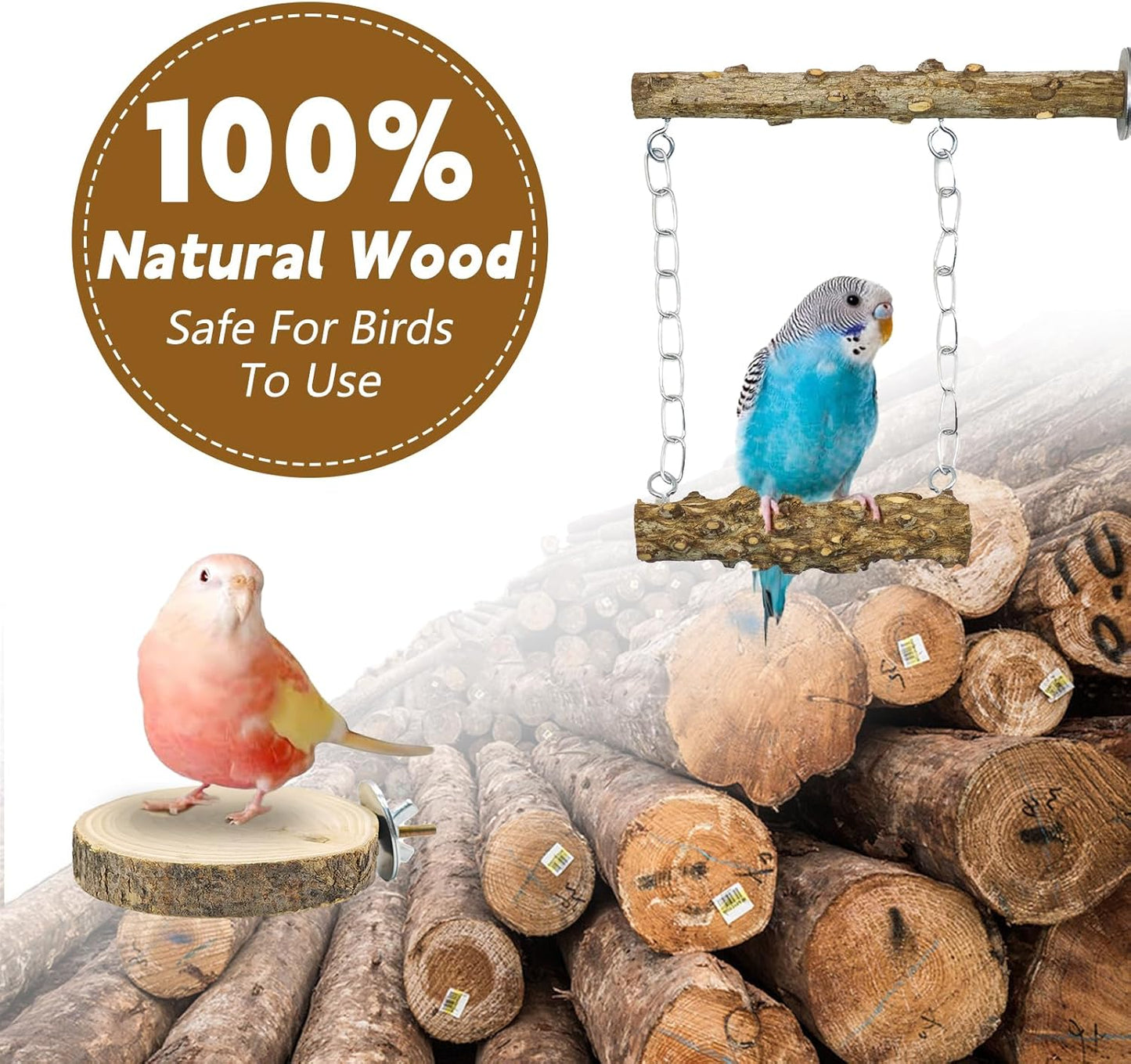 7PCS Bird Perches, Coconut Nest Hut with Ladder, Bird Swing and Stand for Small and Medium-Sized Parakeets, Conures and Budgies, Parrot Cockatiels Budgie Conure Finches Lovebirds