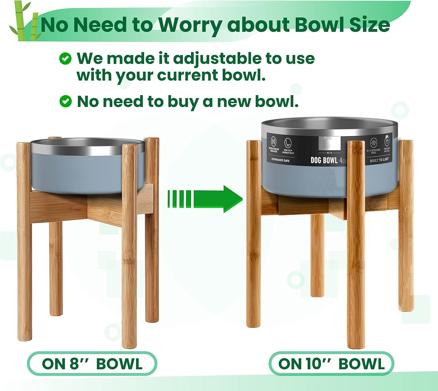 Dog Bowl Stand for Large Dogs - Raises Feeders and Bowls to 12-inch High, Expandable Sideways, Compatible to Various Sizes of Slow Feeders, Water Dishes and Fountains - Bamboo