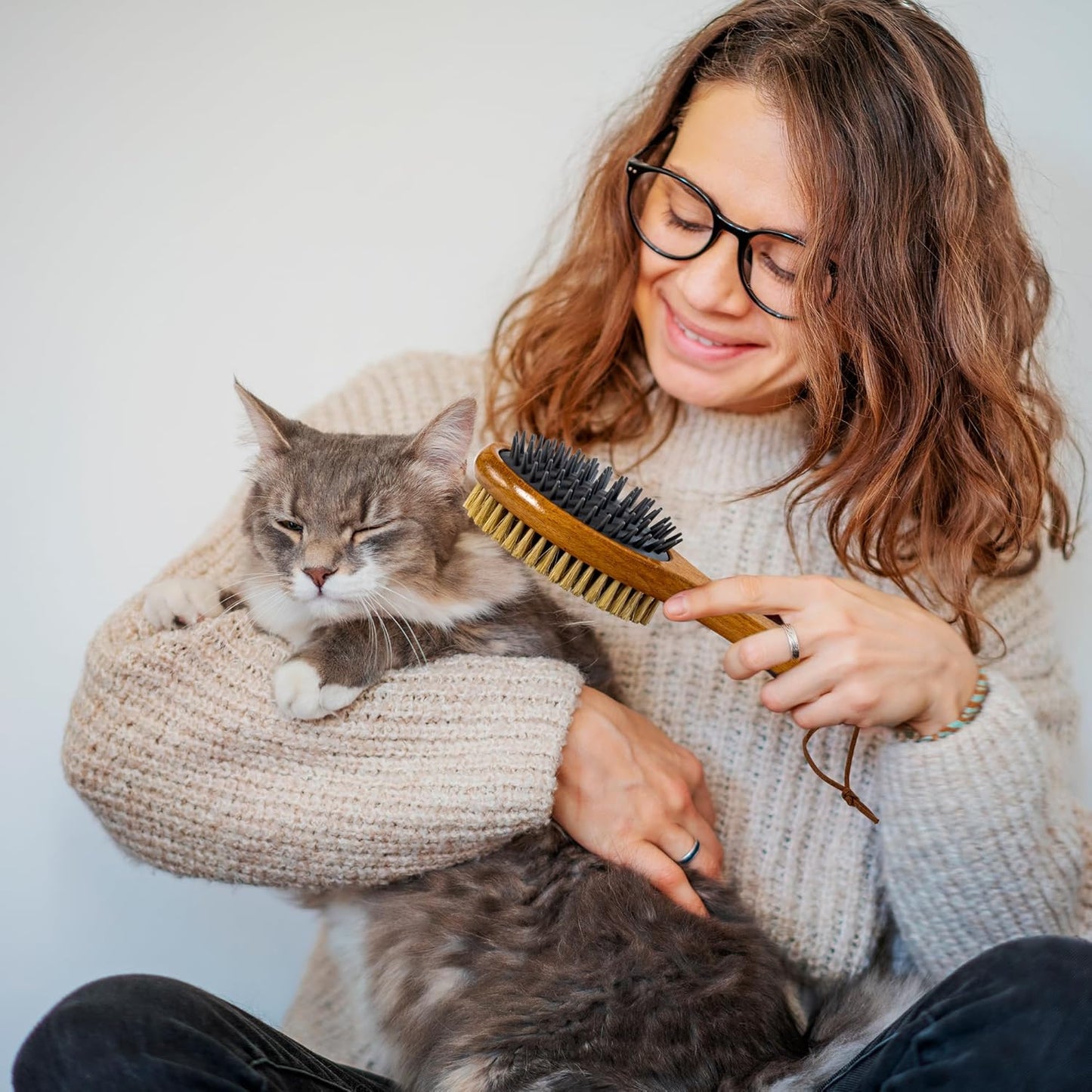 TAKAVU Short Hair Dog & Cat Deshedding Brush - Double Sided Grooming Tool with Silicone Massage & Bristle Sides - Removes Loose Fur & Dirt - Wood Handle