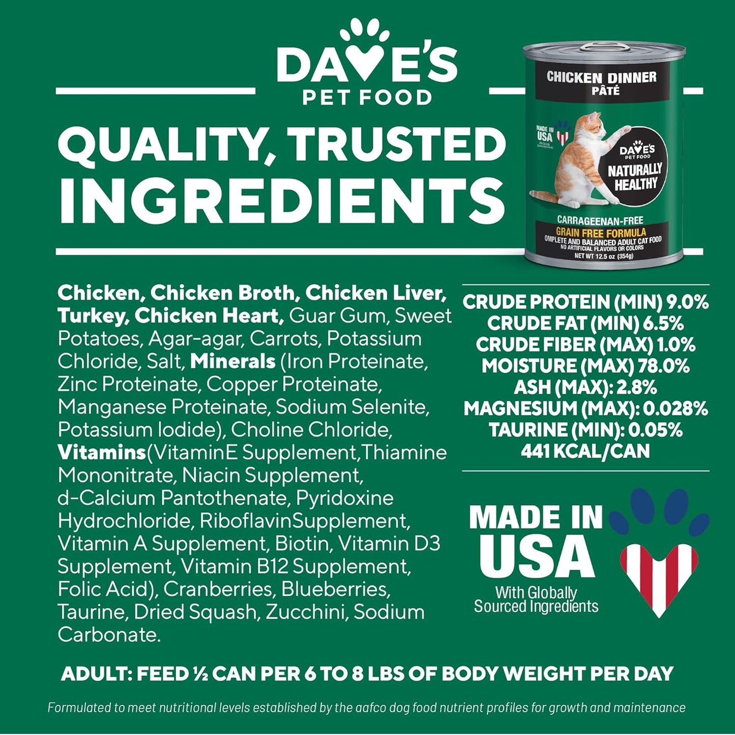 Dave's Pet Food Grain Free Wet Canned Cat Food Pate(Chicken), Made in USA Naturally Healthy, Wheat & Gluten-Free, 12.5 oz Cans (12 Pack)