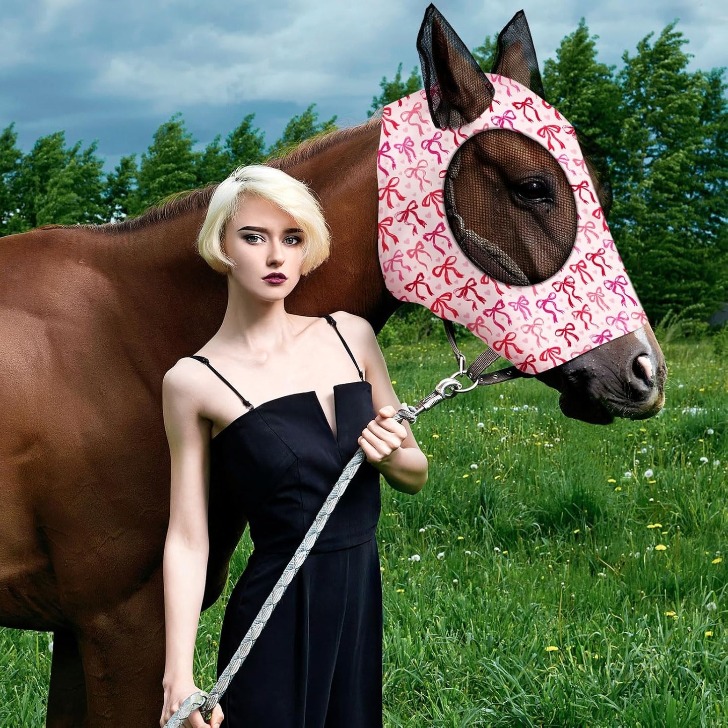 Chunful 6 Pcs Horse Fly Masks with Ears Smooth and Comfortable Cashel Mesh Fly Mask Elasticity Breathability UV Protection Horse Face Covering for Riding Supplies(Pink Bow,Medium)