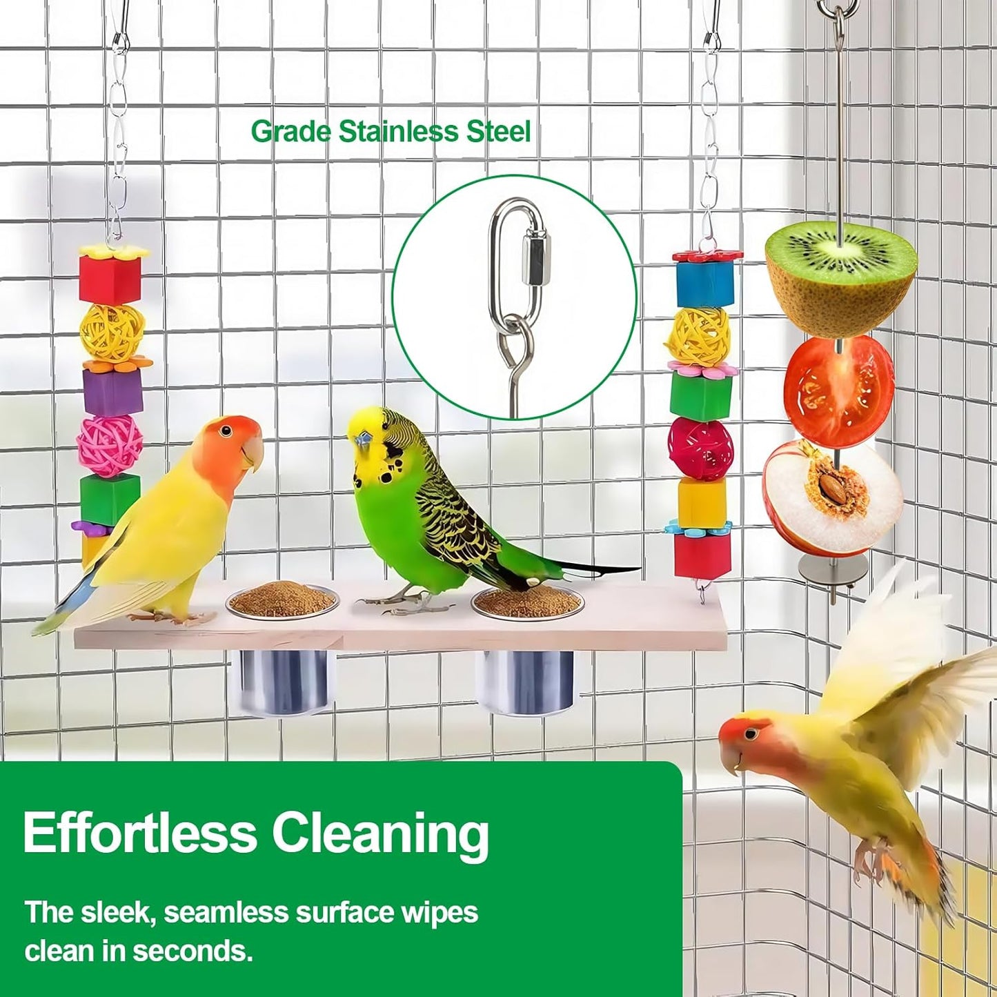 3 Pcs Bird Cage Food Holder Stainless Steel Parrot Fruit & Vegetable Skewer Hanging Foraging Toy for Parakeets, Budgies, Macaws