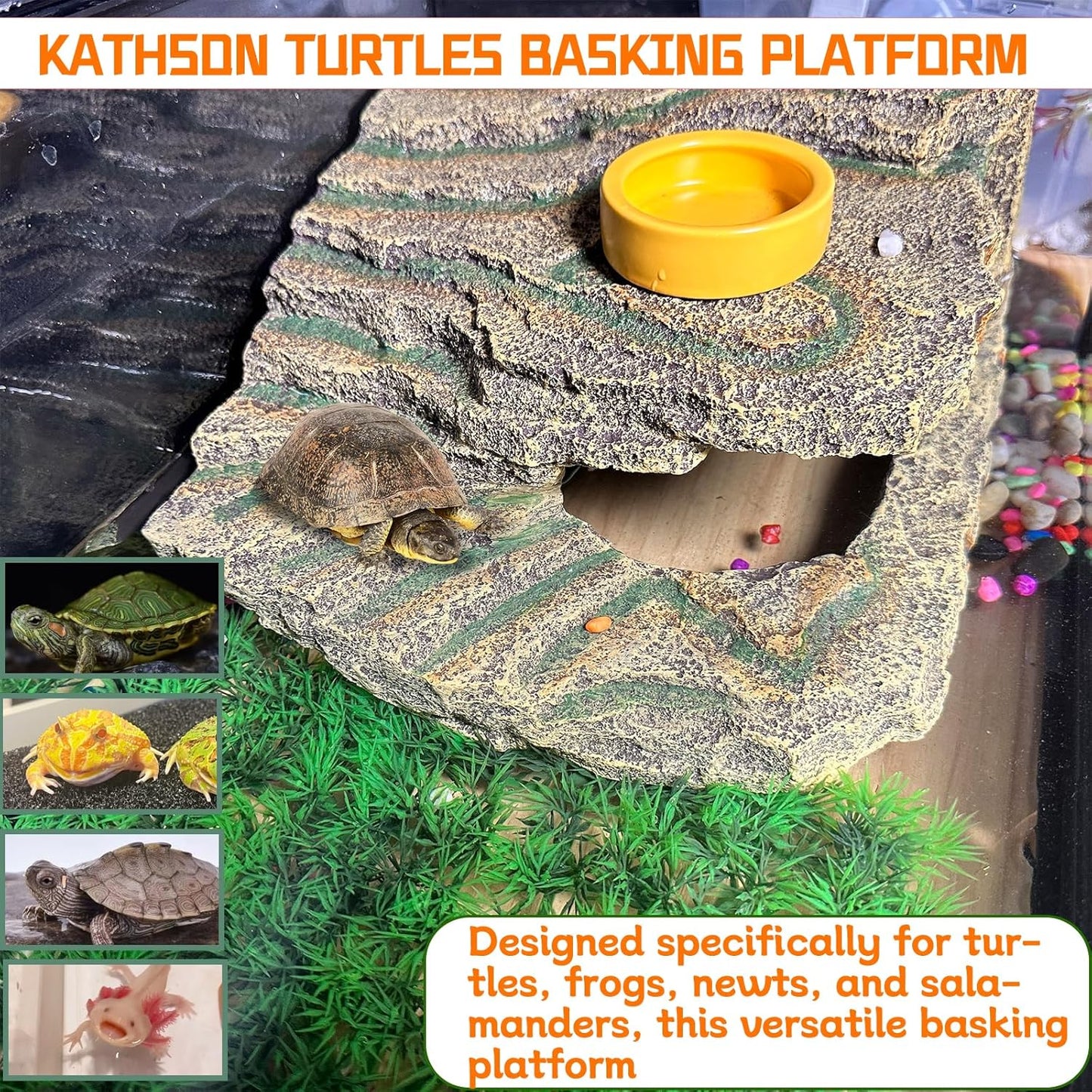 kathson Turtles Basking Platform,Large Tortoise Resting Terrace Climbing Ramp,Reptile Hiding Cave Hideouts,Resin Dock Tank Decorations for Aquatic Turtles Newts Salamanders Lizard Frogs