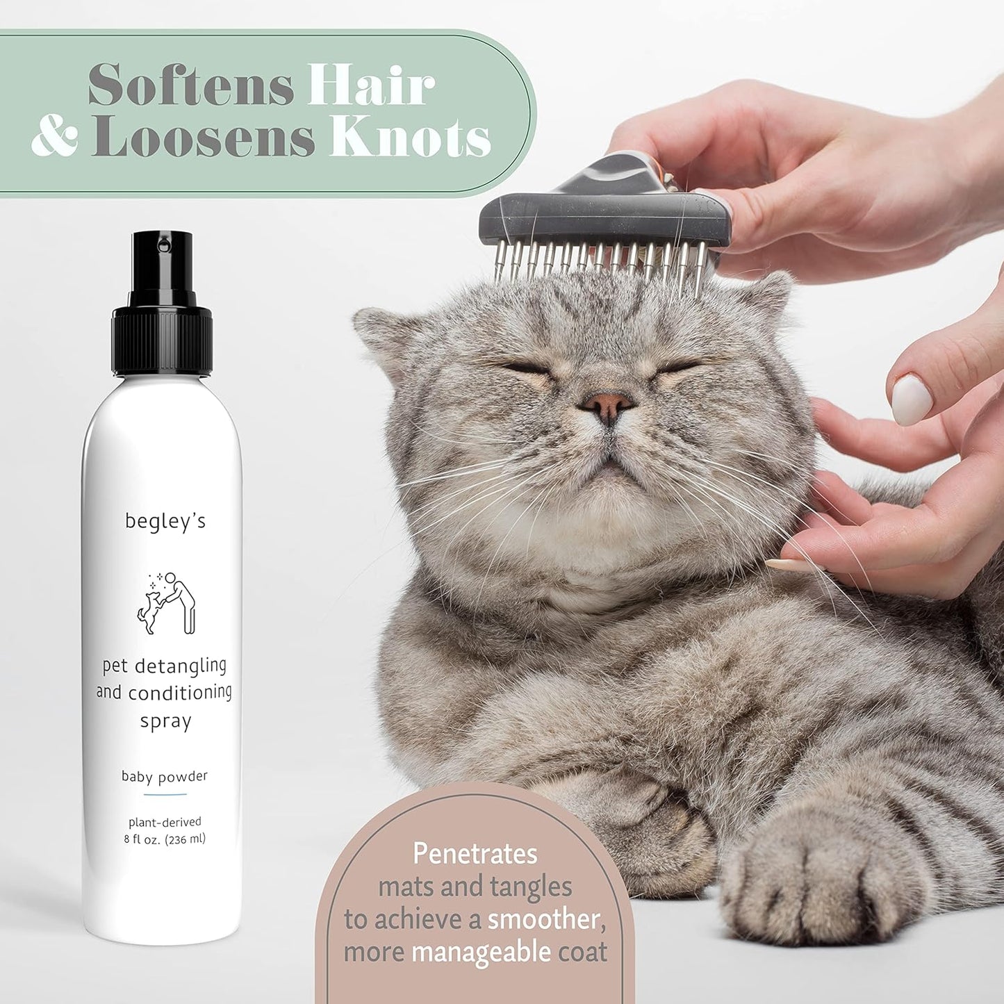 Begley's Pet Detangling Spray - Premium Essential Oil Scented Detangler Spray for Dogs, Puppies & Cats - Dog Leave in Conditioner Spray - Dematting Spray for Dogs & Pets - 8 oz, Baby Powder