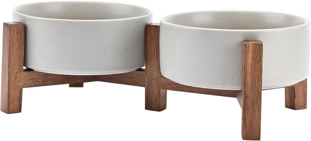 SPUNKYJUNKY Ceramic Dog Bowls Set with Acacia Wood Stand - Raised Dog Food and Water Bowl for Small Dogs (13.52 OZ, Gray)