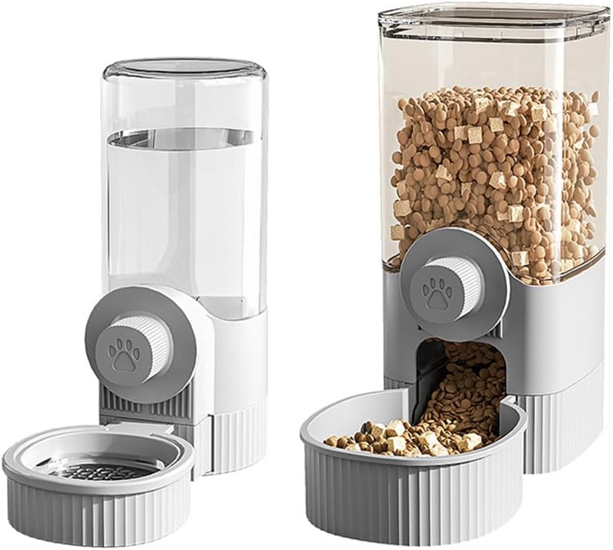 Hanging Automatic Bunny Food Water Dispenser, Gravity Rabbit Cage Feeder and Water Dispenser Ferret Cages Accessories, Cage Cat Food Bowl, for Chinchilla Guinea Pig Hedgehog (Grey)