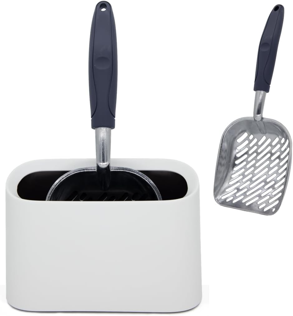 Heavy-Duty Metal Cat Litter Scoop with Holder, Aluminum Cats Litter Scooper Captures All Clumps, Kitty Metal Scooper and Holder (White)