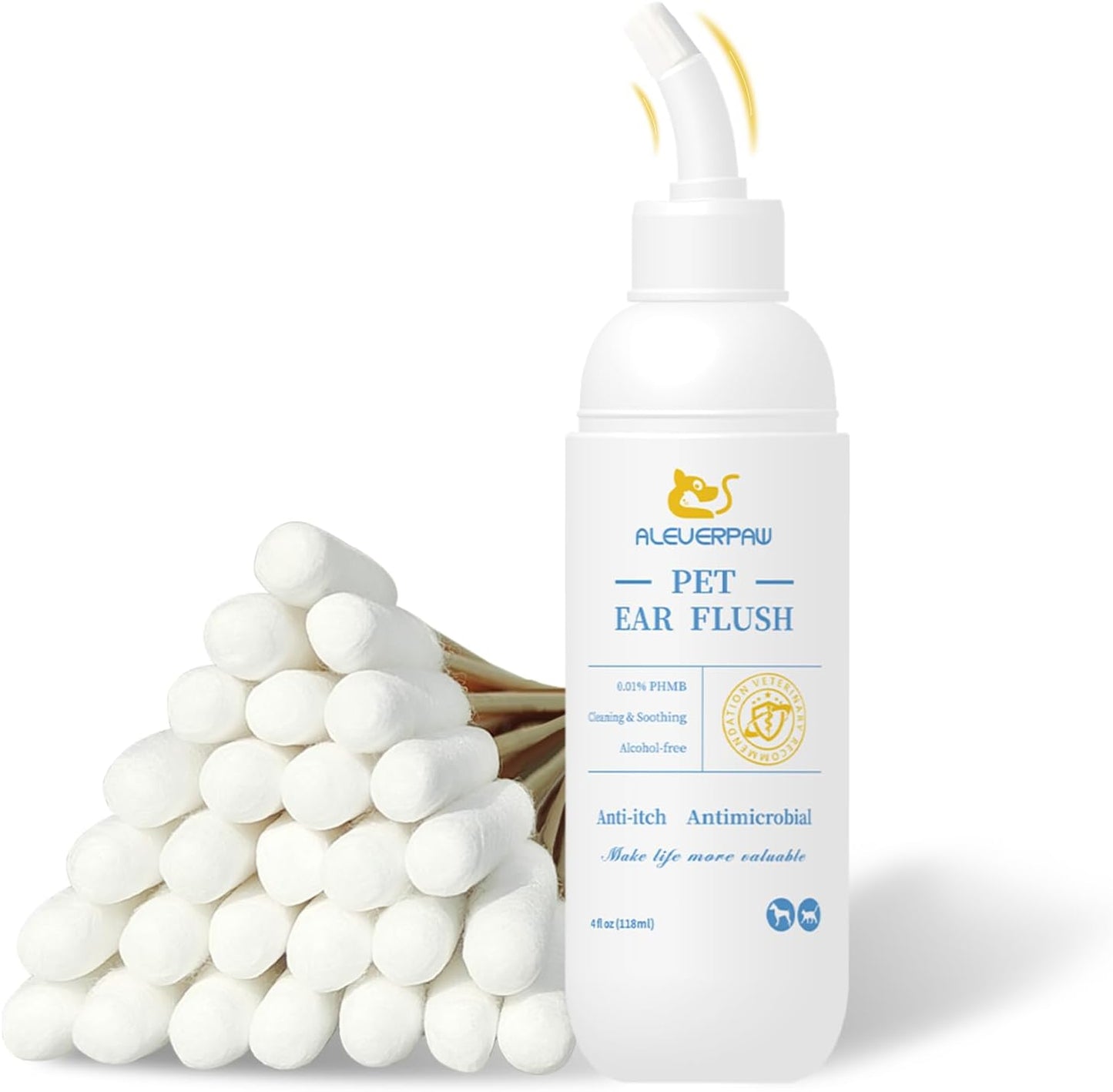 Tris Flush Cat & Dog Ear Cleaner - Dog Ear Infection Treatment with PHMB, Removes Wax, Odo, Gentle & Hypoallergenic, with 20 Cotton Qtips, 4 Fl oz