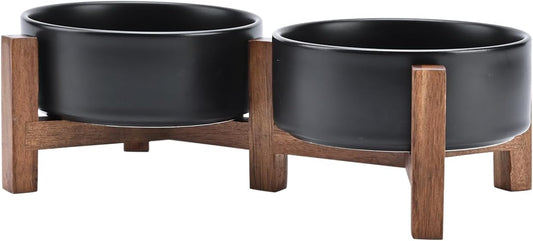 SPUNKYJUNKY Ceramic Dog Bowls with Acacia Wood Stand - Raised Dog Food and Water Bowl Set for Small Dogs (13.52 OZ, Black)