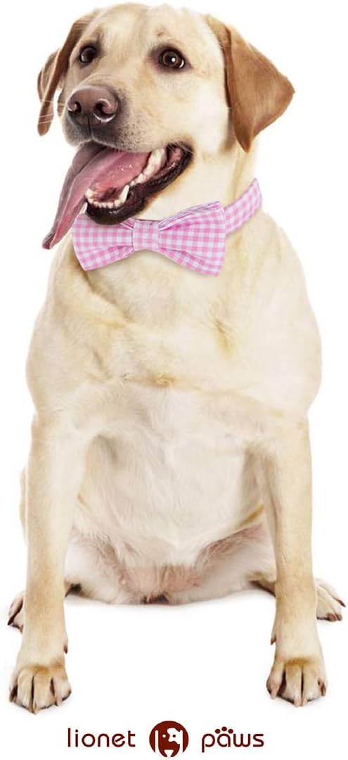Lionet Paws Dog Collar with Bowtie, Comfortable Adjustable Cute Pink Gingham Bow Tie Collar for Female Puppies and Cats Gift, XXS, Neck 7-11 inches