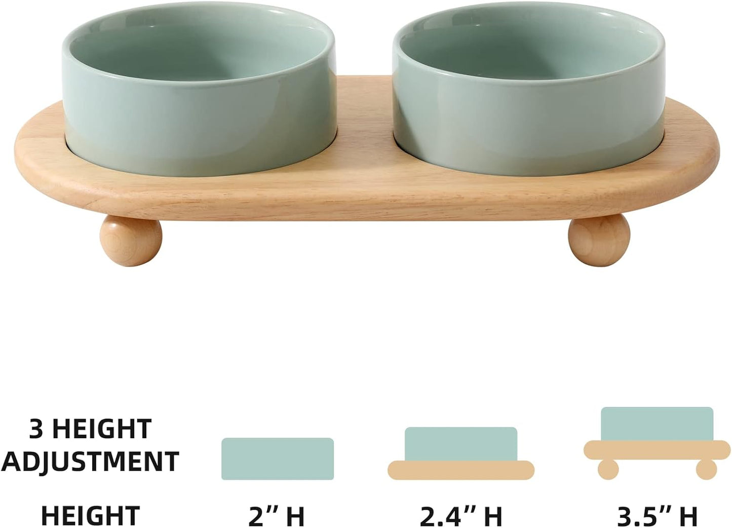 Ceramic Elevated Cat Food and Water Bowl, Kitty Bowl, Raised Cat Dish, Pet Feeder (5.1 in, 2 x Light Green + Stand)