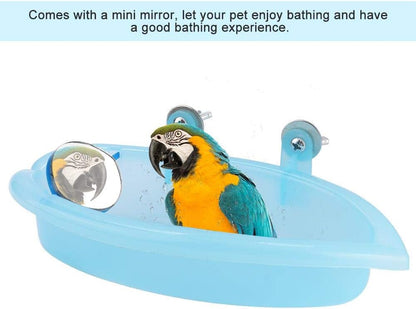 Tnfeeon Pet Bird Bathing Box, Cute Blue Pet Parrot Bathtub Box with Mirror Bird Cage Toy Accessory 7.4x3.9 in for Small Parakeet