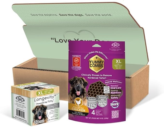 Longevity15 C15:0 Dog Health Supplement (30-Day Supply) & Yummy Combs Dog Dental Treats (8oz Bag) for Extra Large Dogs – C15:0 Fatty Acid for Daily Wellness, Food Topper – VOHC Approved Oral Care