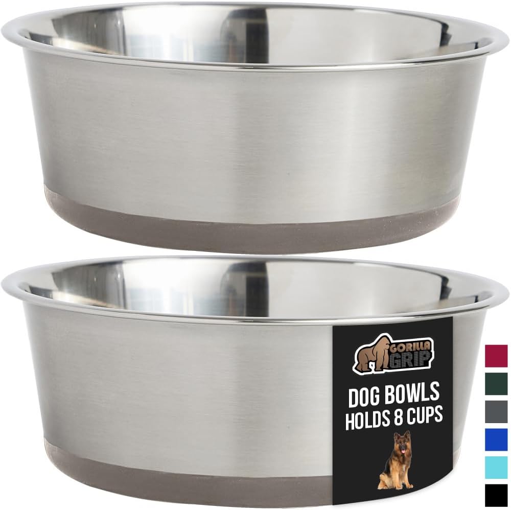GORILLA GRIP Set of 2 Dog Bowls, Holds 8 Cups (64 fl oz), Heavy Duty Metal Food and Water Bowl for Feeding Dogs and Cats, Dishwasher Safe, Rust Resistant Stainless Steel, BPA Free Rubber Base, Beige