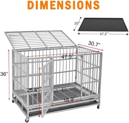 54/48/42/38 Inch Heavy Duty Dog Crate Cage with Wheels, Indestructible and Escape Proof Steel Kennel Indoor for High Anxiety Dogs with Sturdy Locks, Double Door and Tray, Extra Large XL XXL