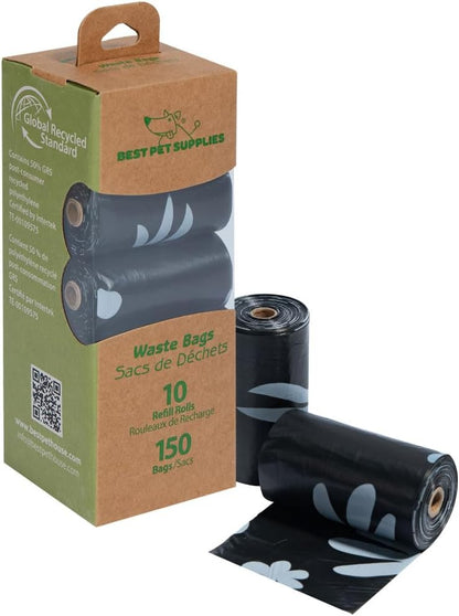 Best Pet Supplies Poop Bags for Dogs, 50% Post-Consumer Recycled Content dog waste bags on rolls, fits all poop bag holders for leashes - Black, 150 Count, Unscented