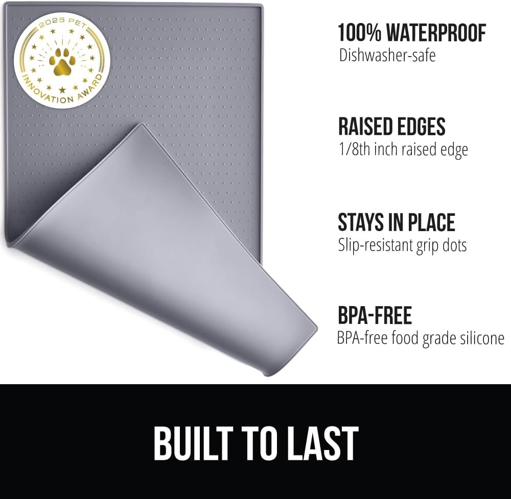 GORILLA GRIP 100% Waterproof Raised Edge BPA Free Silicone Pet Feeding Mat, Dog Cat Food Mats Contain Spills Protects Floors, Placemats for Cats and Dogs Water Bowl, Pets Accessories 18.5x11.5 Gray