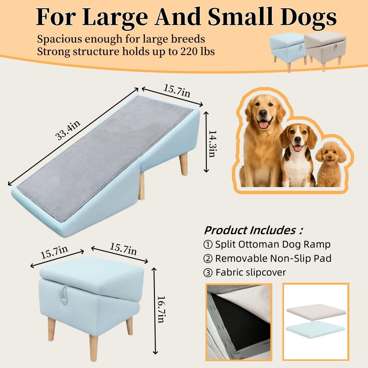 Split Ottoman Dog Ramp, Folding Pet Ramps Stairs for Couch, Pet Ramps Stairs for Small and Large Dogs, Holds up to 220 lbs (Beige - 2 Pads & 2 Covers, One Size)