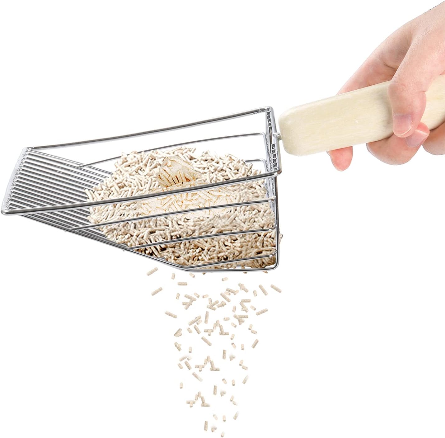 Hiceeden Set of 2 Cat Litter Scoop with Holder, Metal Kitty Litter Scoop Holder with Wooden Handle, Cat Poop Scooper for Kitten Litter Box, Fast Sifting, Gray and Blue