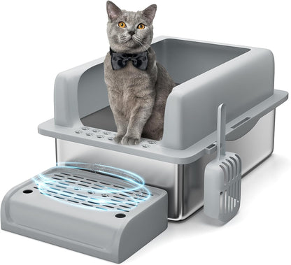 Stainless Steel Cat Litter Box 8 inch, XXL Large Cat Litter Tray with High Side, Platform Step and Scoop for Big Cats Multiple Cats, Easy Clean