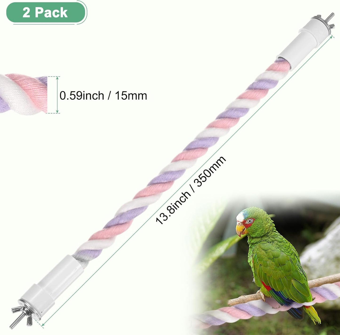 2-Pack Rope Perches for Bird Cages, 13.8 in Length Comfort Grip Flexible Rope Perch Beak & Paw Grinding for Parrots/Cockatiels/Parakeets, Bird Platform Sand [Pink Purple]