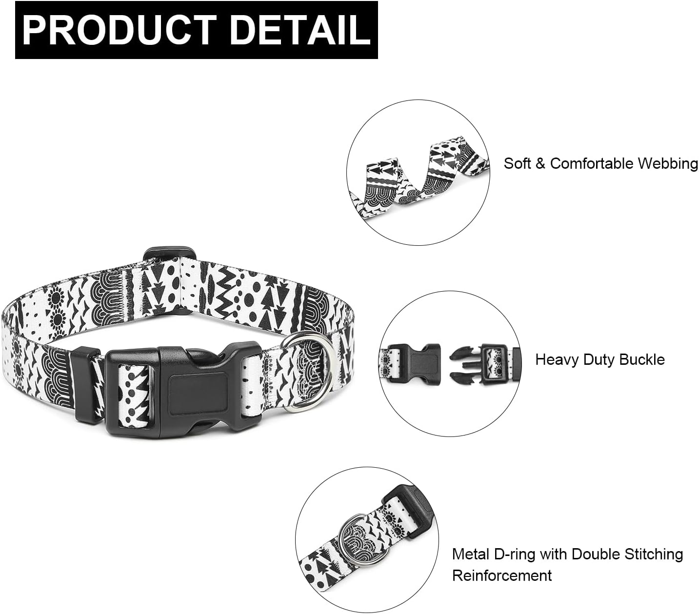 Mercano Adjustable Dog Collar - Special Design Patterns, Soft Nylon Comfortable Sturdy Pet Collar for Small Medium Large Dogs (S, Black White B)